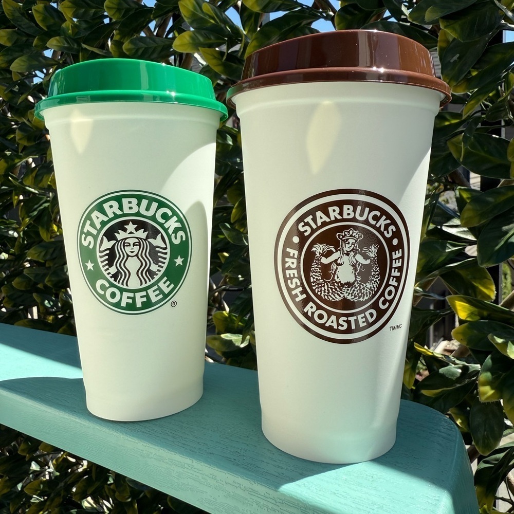 Starbucks Reusable Green and Brown Lid Coffee Cups Set  of 2